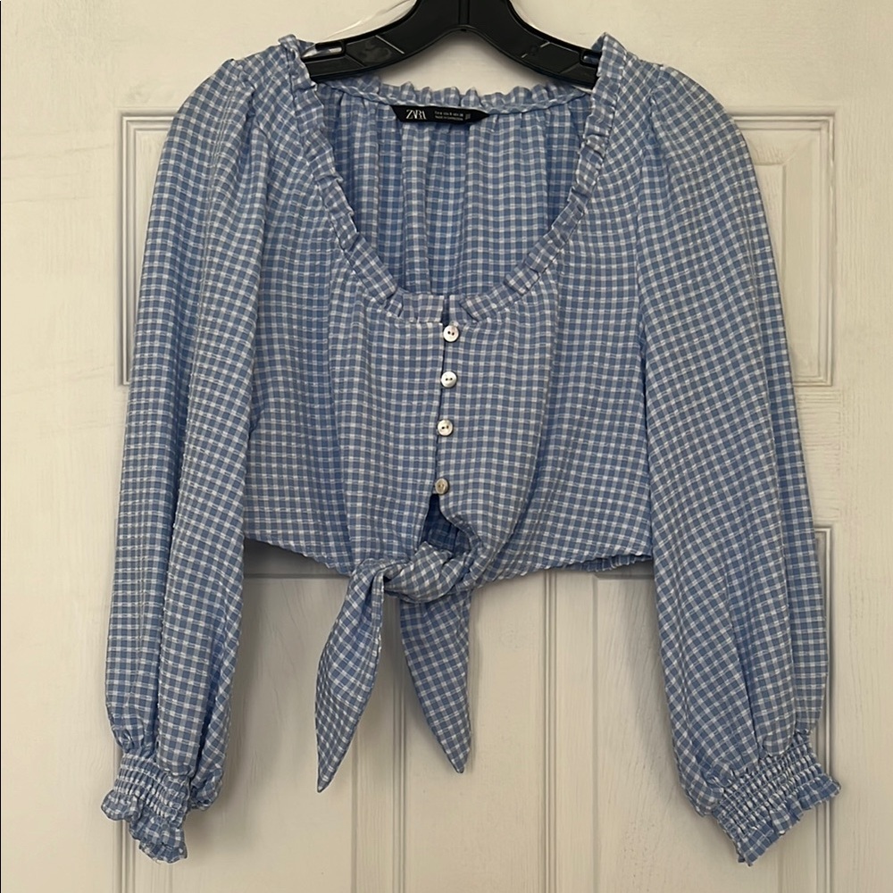 Zara Blue Gingham Women's Top, Size Small